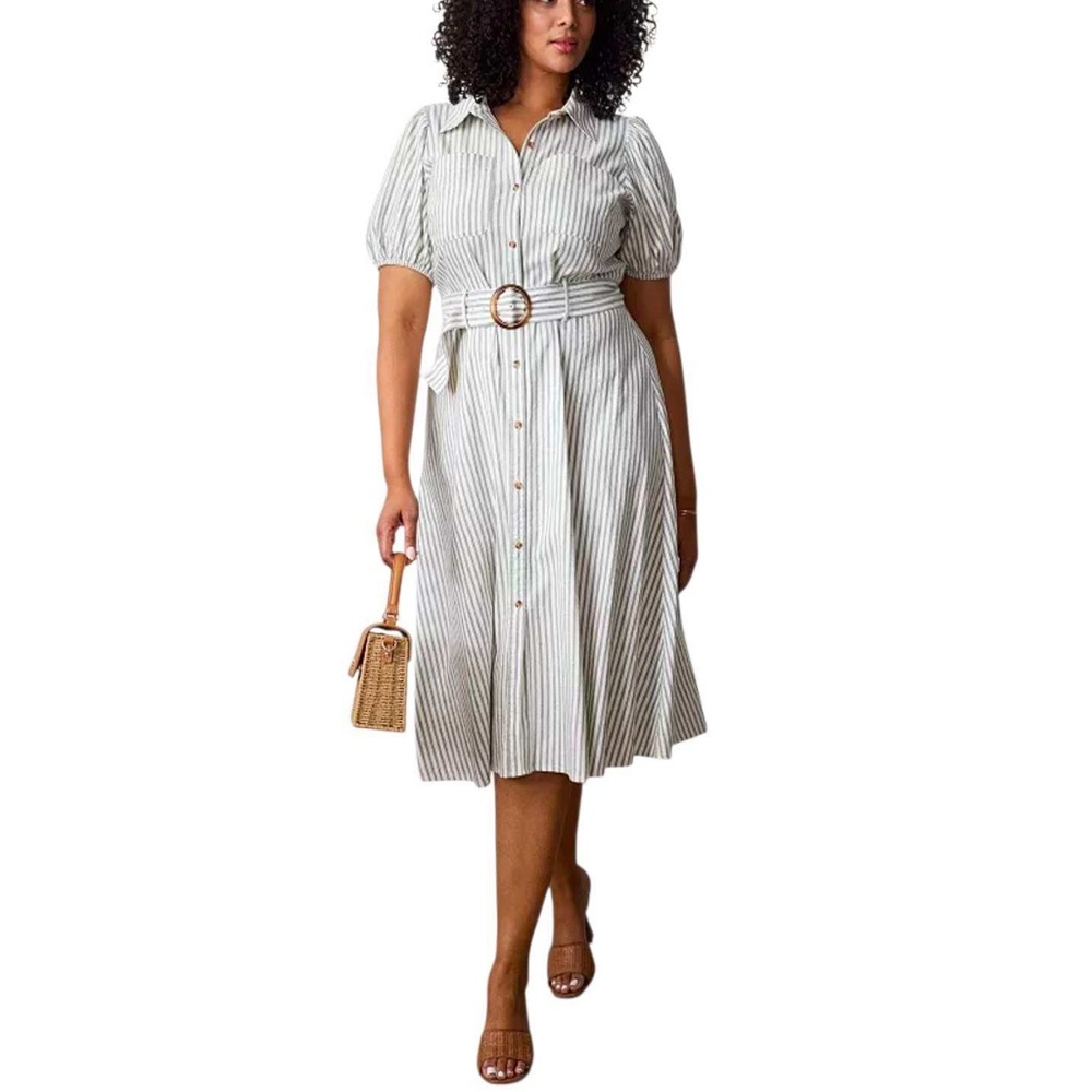 LC Lauren Conrad White and Sage Striped Button-Front Midi Dress